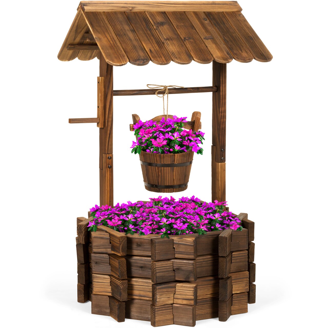 Best Choice Products Rustic Wooden Wishing Well Planter Outdoor Home Decor for Patio, Garden, Yard w/ Hanging Bucket - Rustic Brown